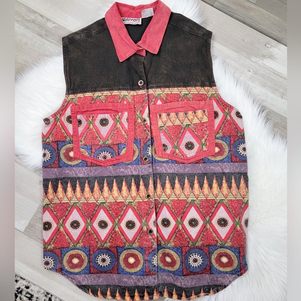 Vintage 90s Arrived Abstract Button Front Sleeveless Cotton Shirt Size Med